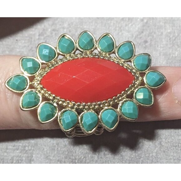 Bohemian Blue And Red Gemmed Floral Stretch Ring Size 7 - Picture 4 of 12